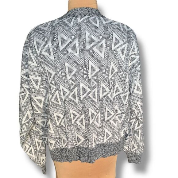 Vintage 80s Geometric Knitted Pattern Cardigan Black White Oversized Vneck Large - Picture 2 of 9